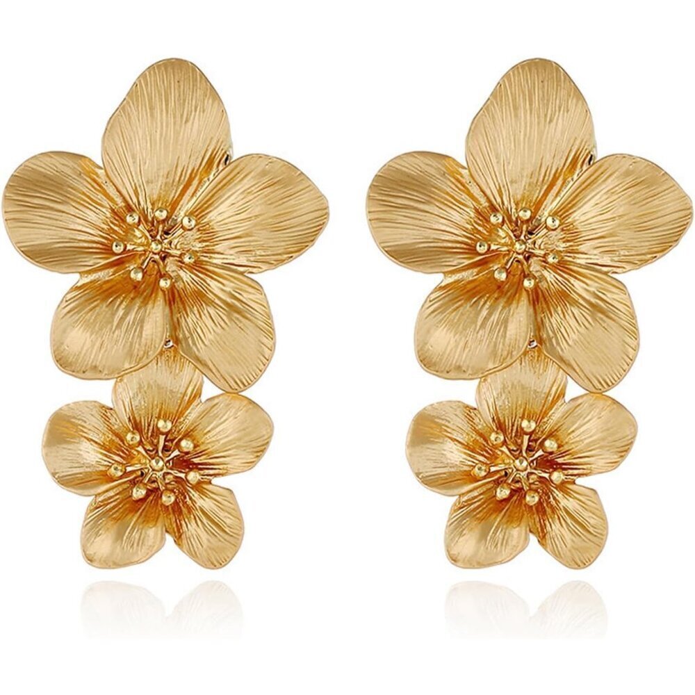 Women's Gold Elegant Double Flowers Dangle Layered Floral Petal Drop Earring